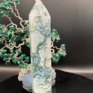 Large Moss Agate Crystal Point Tower: 7" Tall Druzy  66